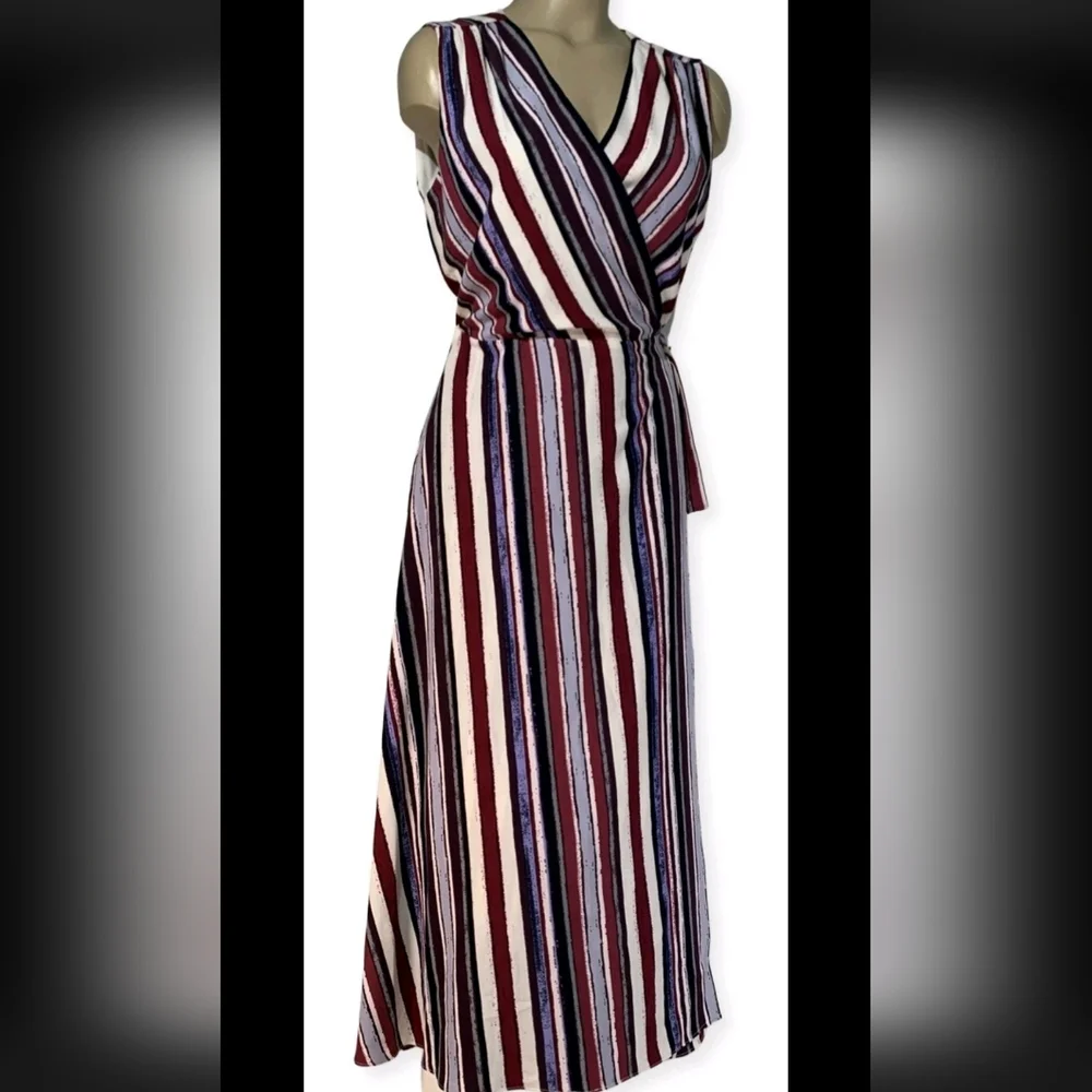 ALEX MARIE Cassie Striped V-Neck Crepe True Wrap Midi Dress Purple 6 - Picture 2 of 5